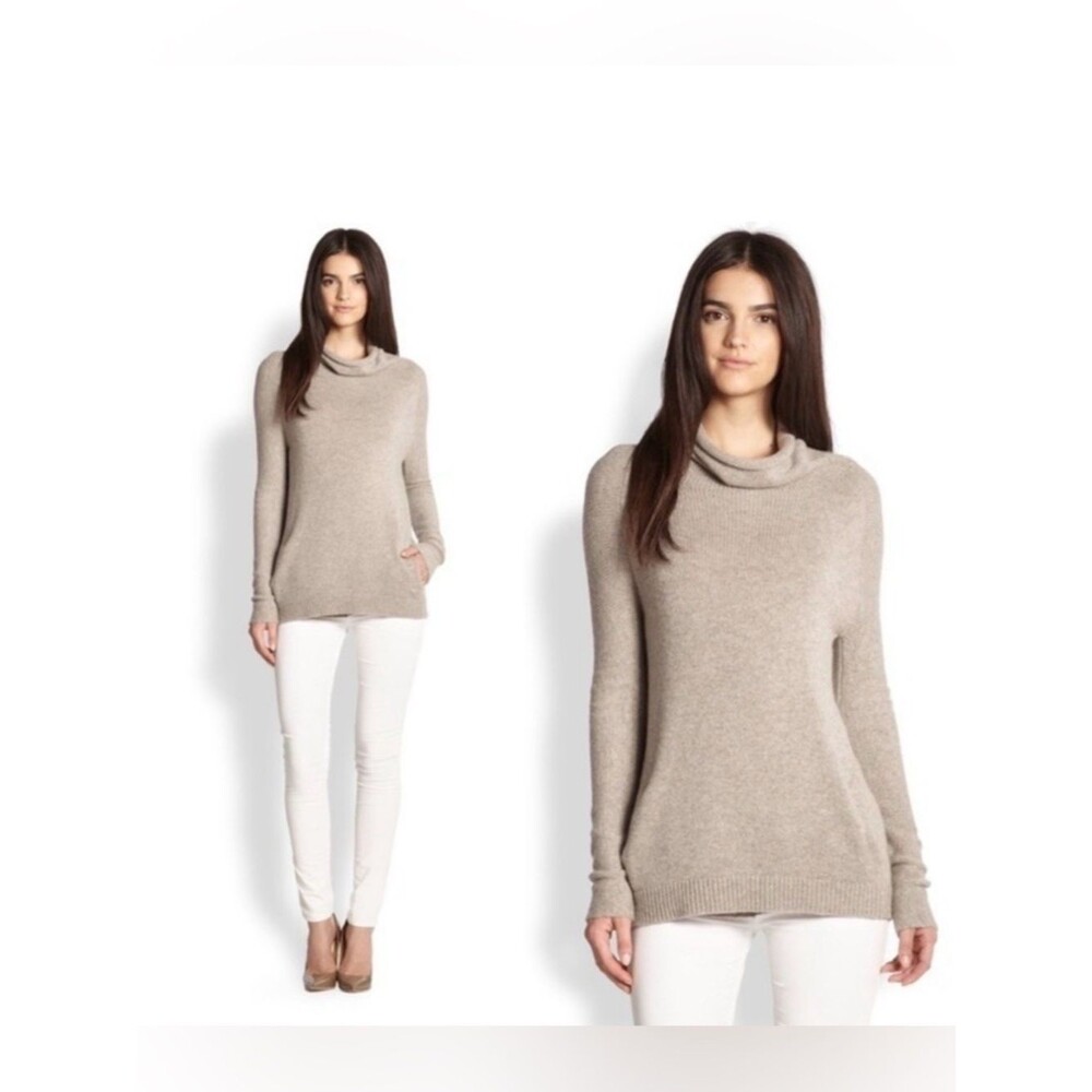Theory Taupe Beige Norman B Royal Cashmere Funnel Neck Sweater Medium Old Money